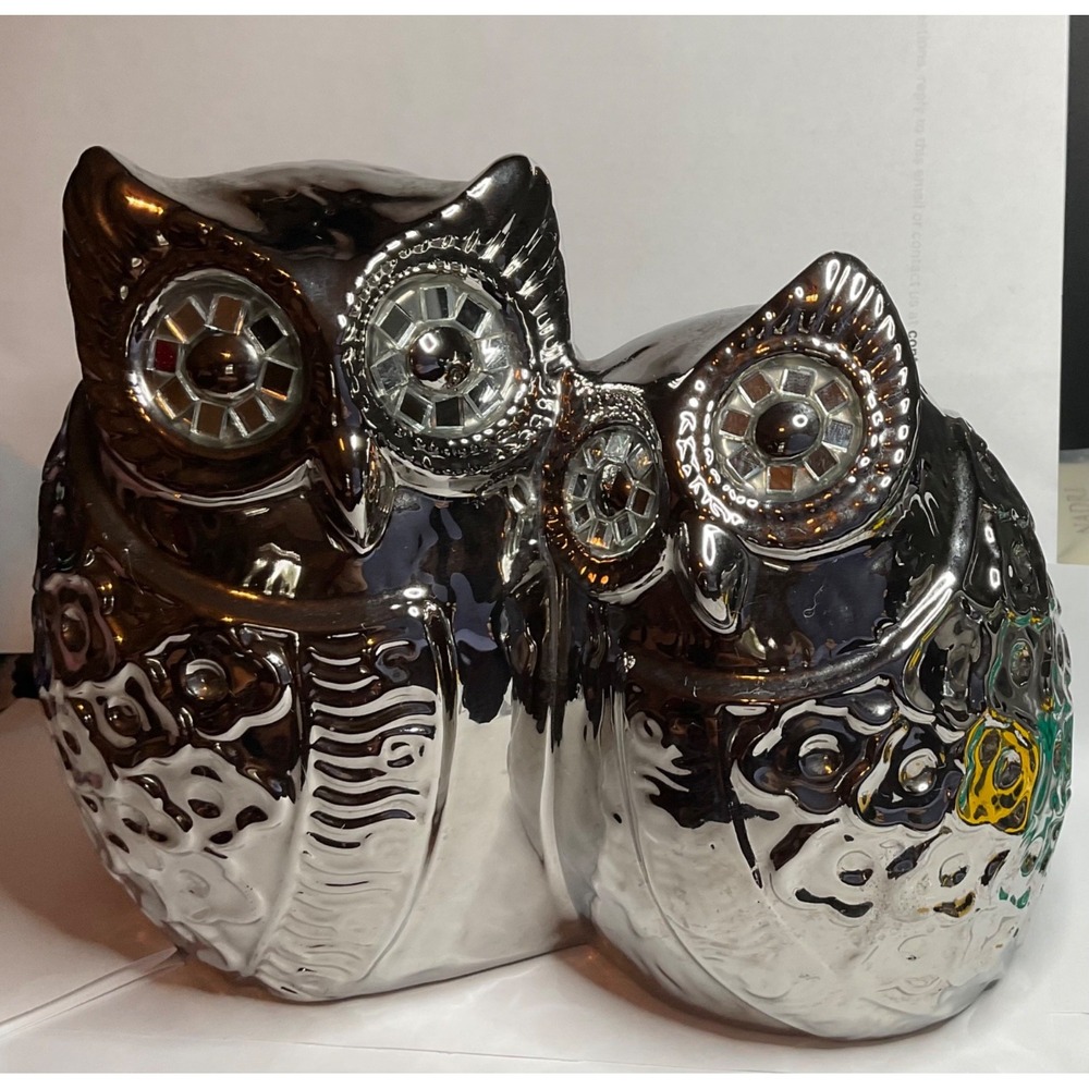 Double Owls Figurine Shiny SilverTone Floral Embossed Mosaic Mirrored Tile Eyes